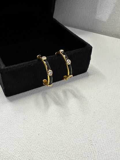 Silver Hoop Earrings In Black Enamel