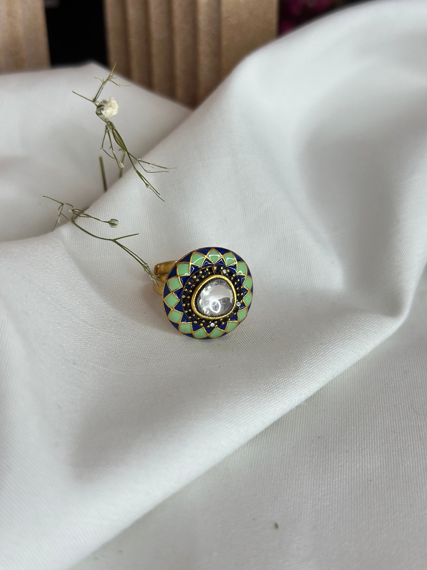 Pure Silver With Blue Green Enamel Ring