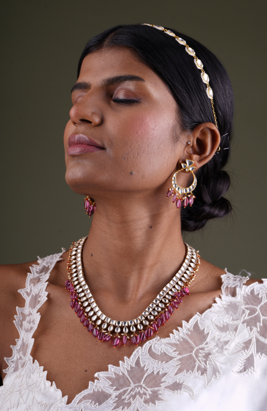 Silver Gulmukh Polki Necklace with Earrings