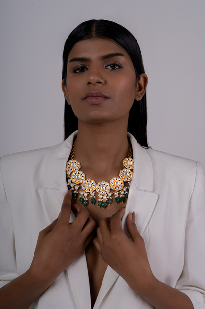 Silver Calendula Polki Necklace with Earrings